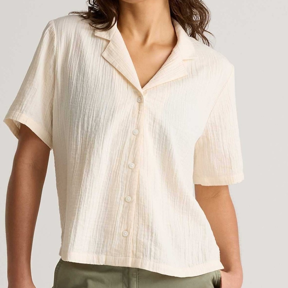 Quince Gauze Button Down Shirt Womens XL Cream Short Sleeve Coastal Minimalist